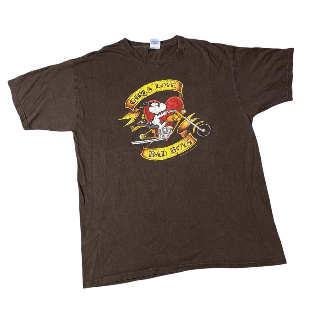 Vintage Y2K Peanuts Snoopy Brown Girls Love Bad Boys Biker T Shirt Large